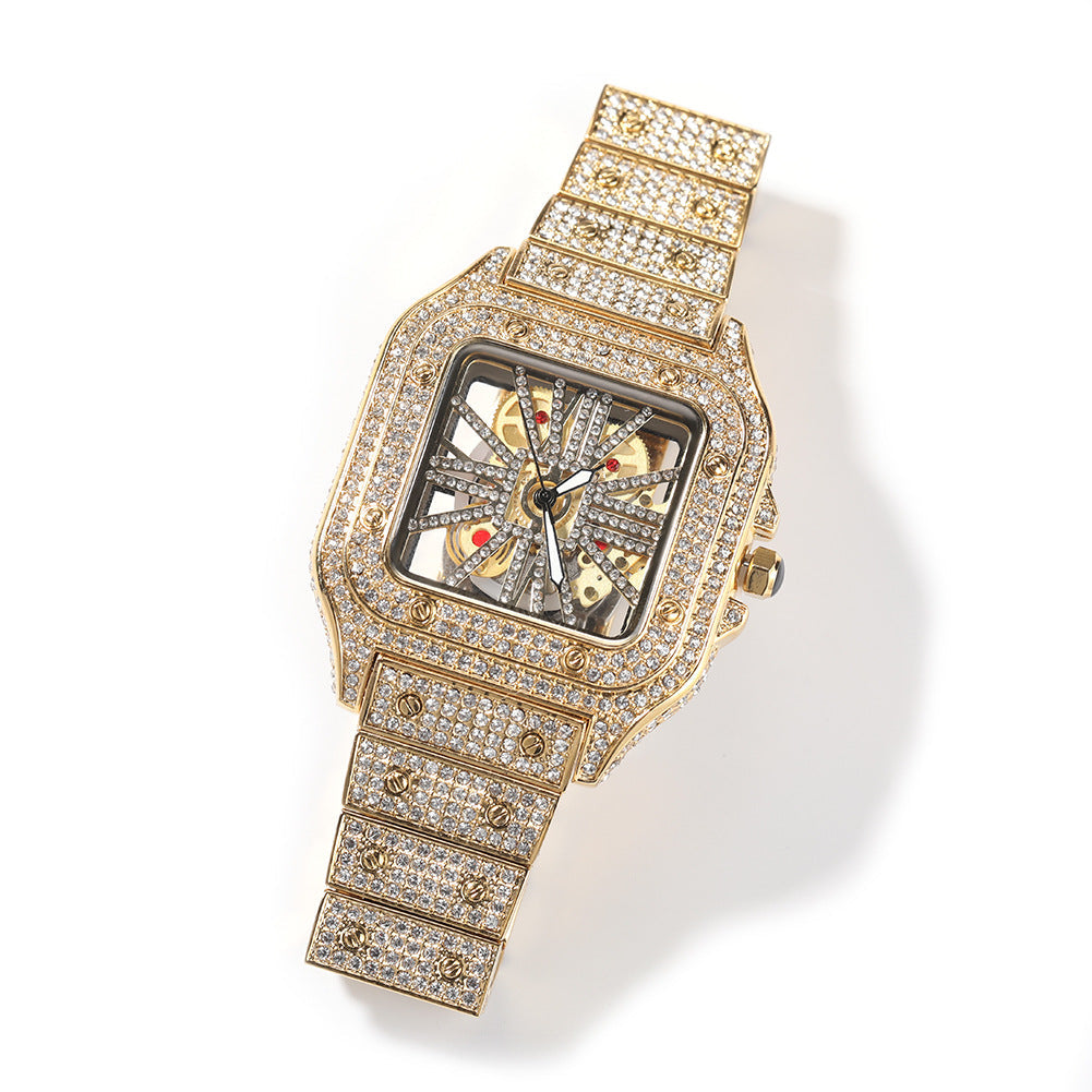 Diamond-Encrusted Hollowed-Out Square Watch Gold Skeleton Casual Men