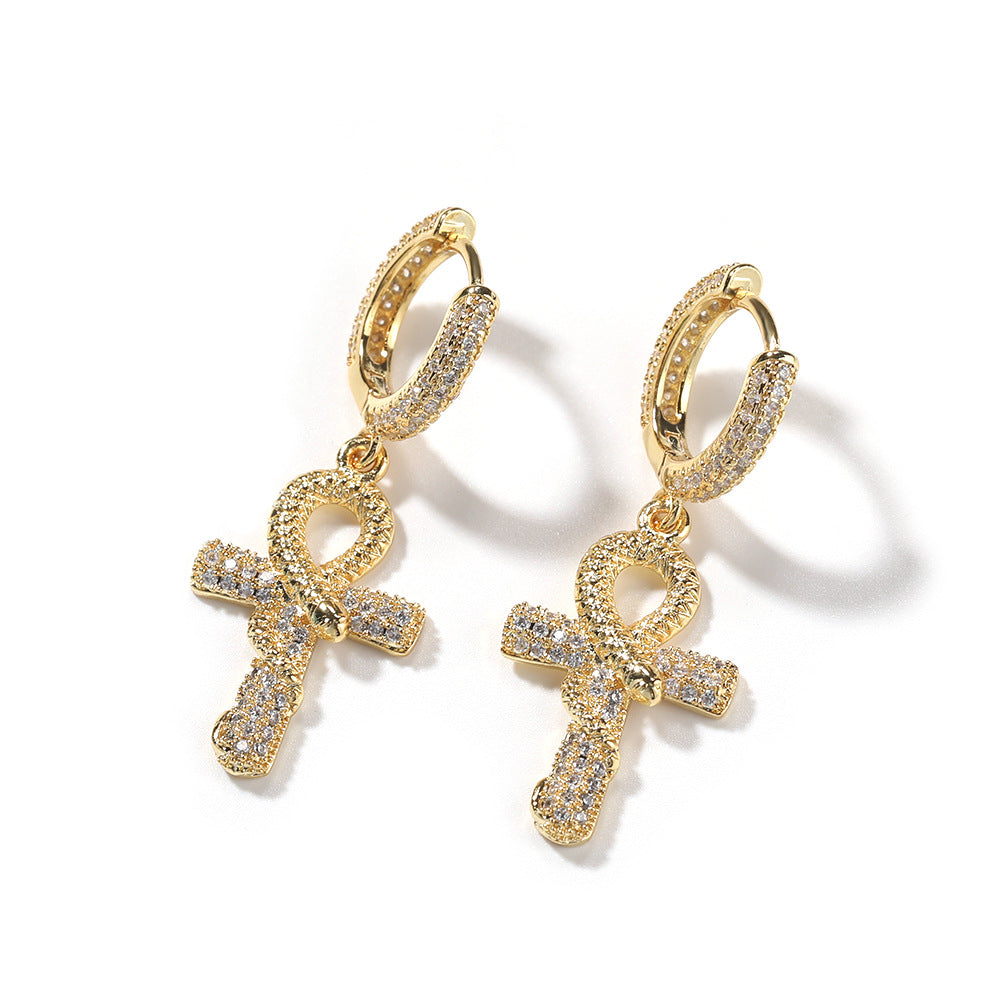 Hip-hop Gold Ankh Snake Zircon Earrings for Men