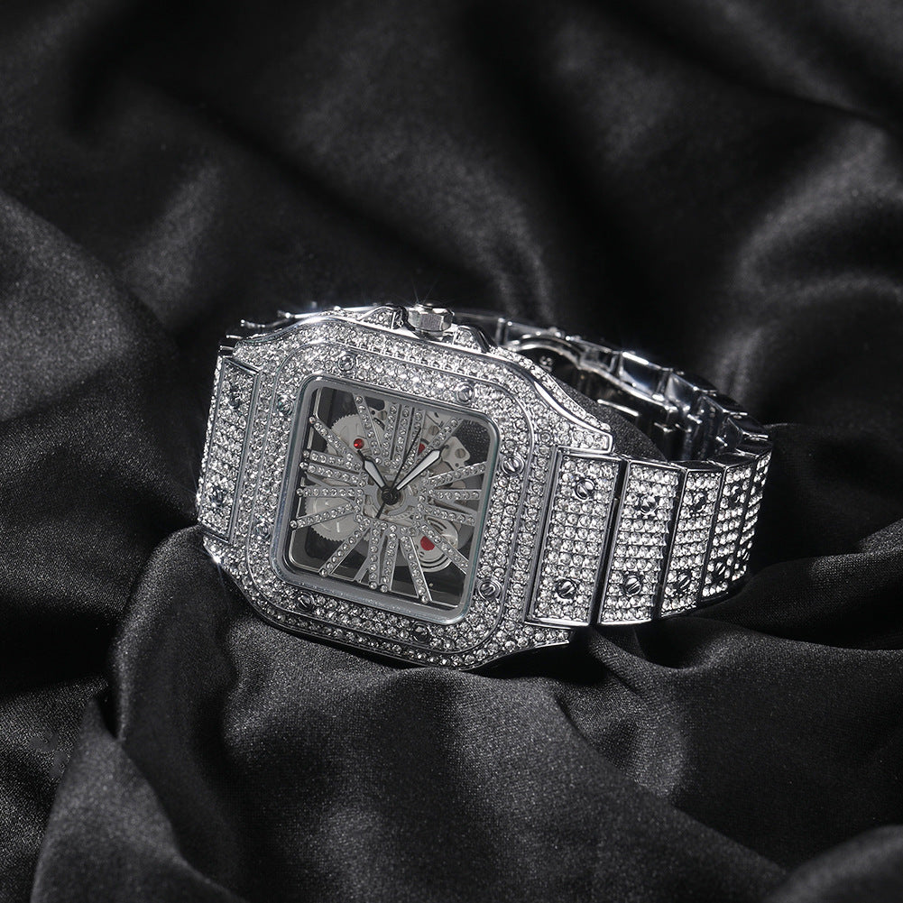 Diamond-Encrusted Hollowed-Out Square Watch Gold Skeleton Casual Men