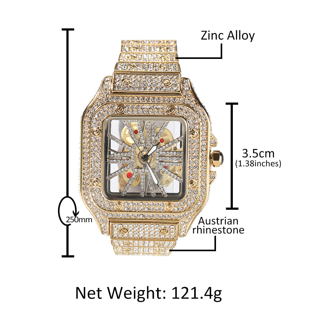 Diamond-Encrusted Hollowed-Out Square Watch Gold Skeleton Casual Men
