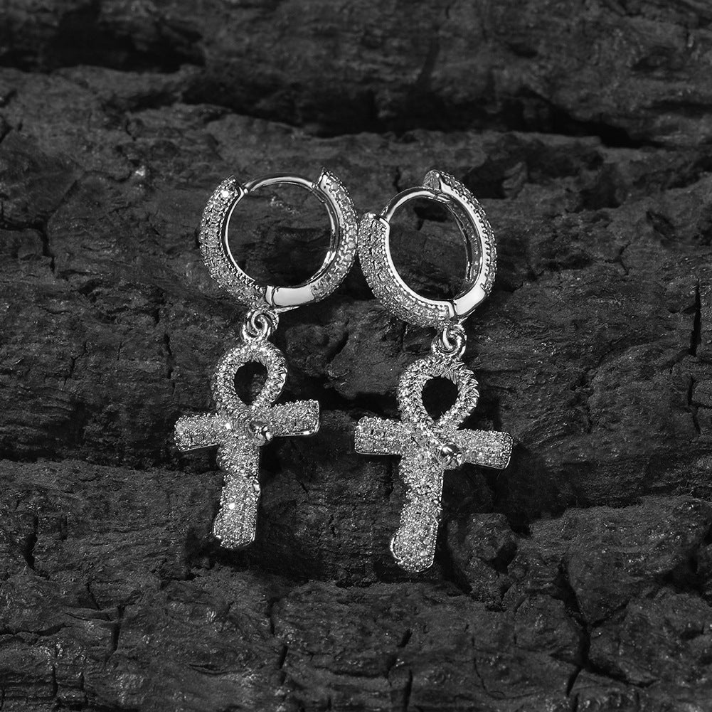 Hip-hop Gold Ankh Snake Zircon Earrings for Men