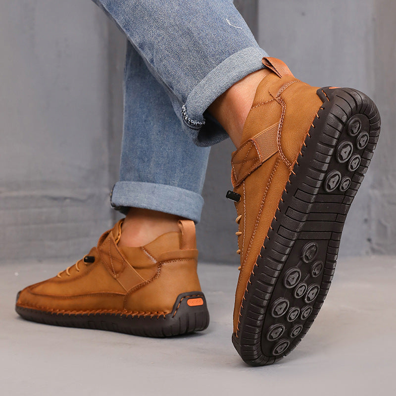 Women’s Color Matching Leather Boots Outdoor Casual Ankle Boots