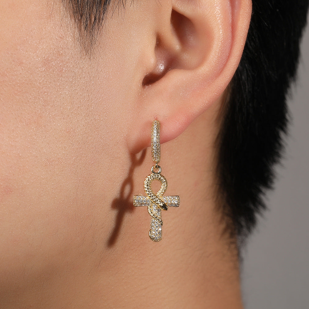 Hip-hop Gold Ankh Snake Zircon Earrings for Men
