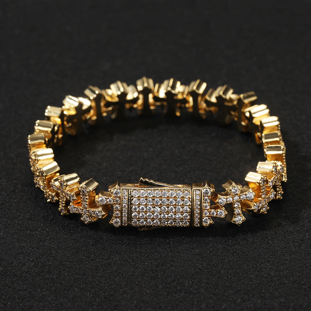 11.5MM Zircon-Encrusted Cross Hip-hop Bracelet Brass