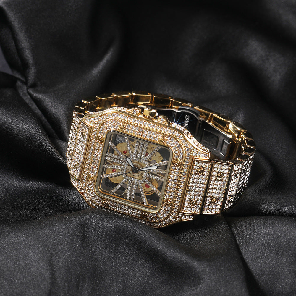 Diamond-Encrusted Hollowed-Out Square Watch Gold Skeleton Casual Men
