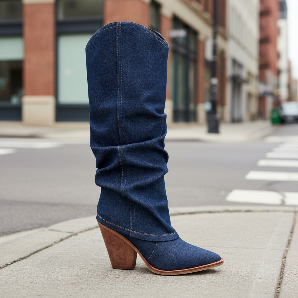 Vintage Pointed-Toe Chunky Heel High Tube Boots Statement Heels