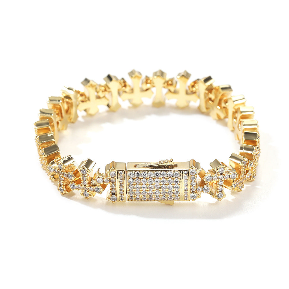 11.5MM Zircon-Encrusted Cross Hip-hop Bracelet Brass