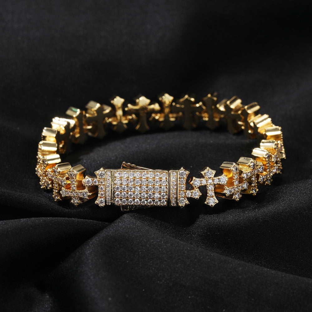 11.5MM Zircon-Encrusted Cross Hip-hop Bracelet Brass