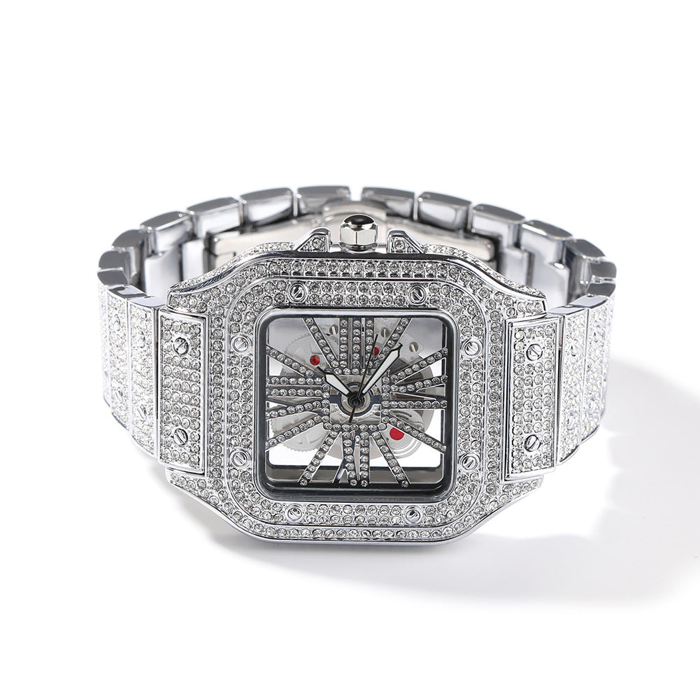 Diamond-Encrusted Hollowed-Out Square Watch Gold Skeleton Casual Men
