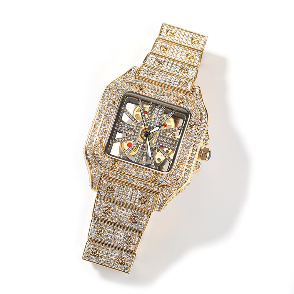 Diamond-Encrusted Hollowed-Out Square Watch Gold Skeleton Casual Men