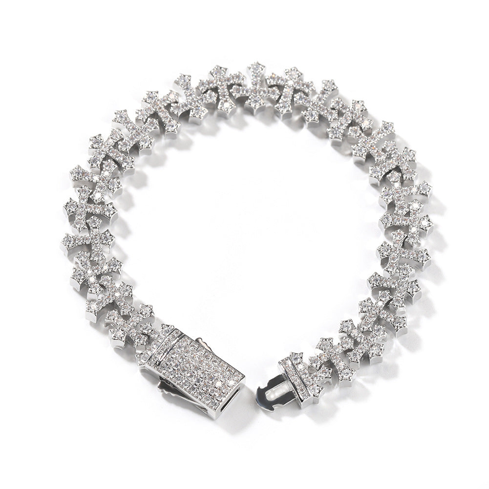 11.5MM Zircon-Encrusted Cross Hip-hop Bracelet Brass