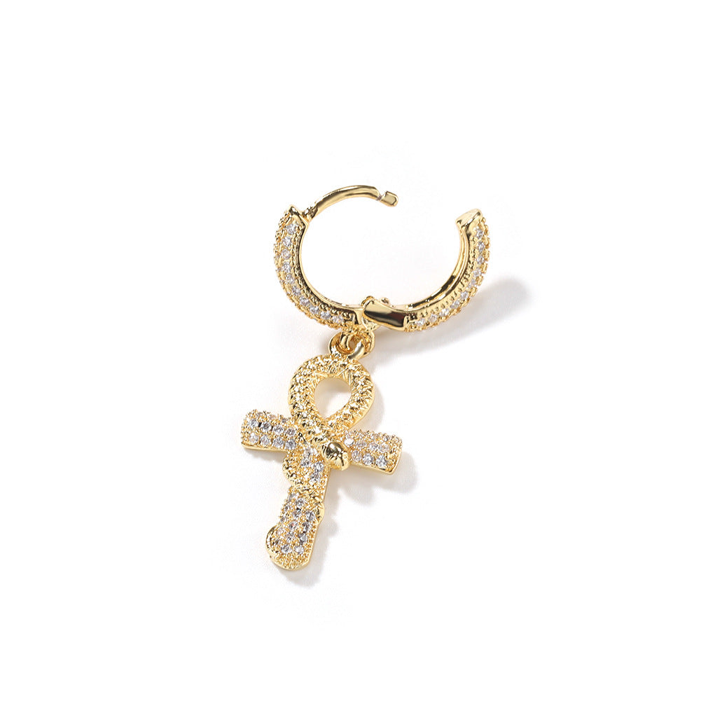 Hip-hop Gold Ankh Snake Zircon Earrings for Men