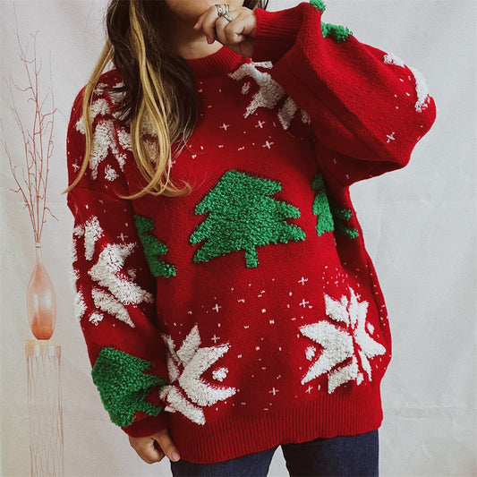 Christmas Tree Jacquard Pattern Long Sleeve Sweater Women's Fashion