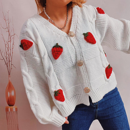 Casual Loose Strawberry Embroidery Sweater Women's Fashion