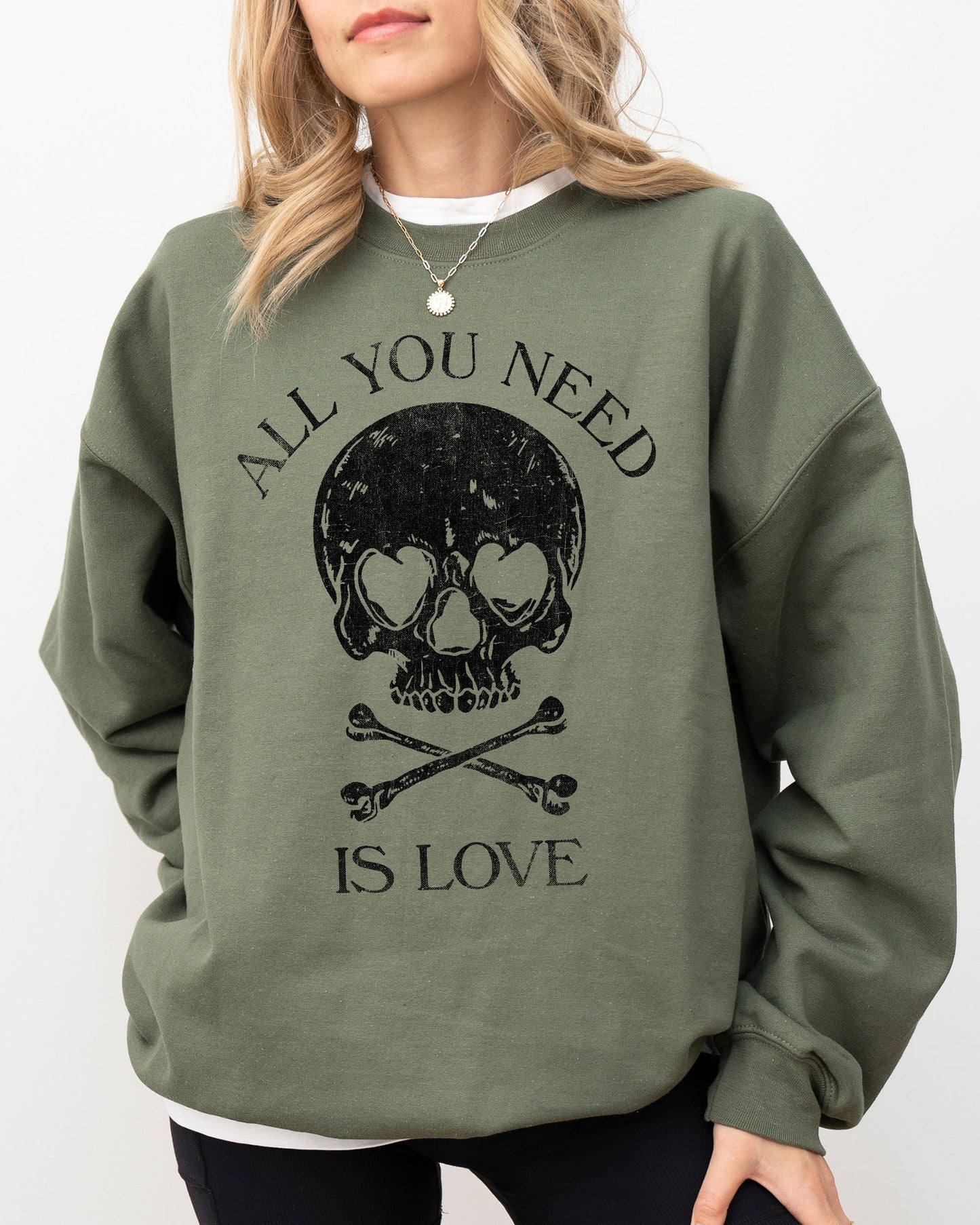 All You Need Is Love, Skull, Funny, Witch, Aesthetic, Meme, Halloween, Spooky, Costume Sweatshirt