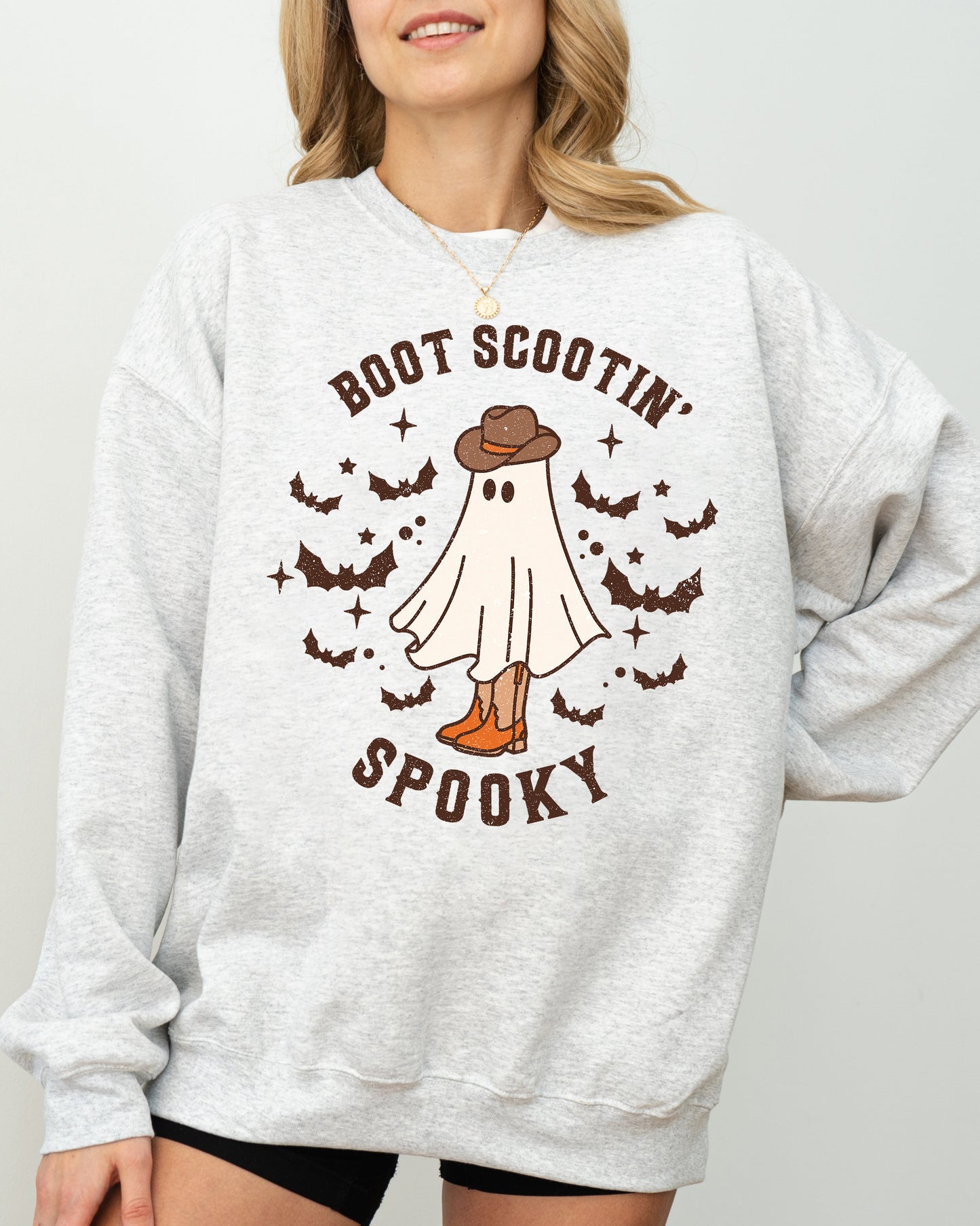 Boot Scootin' Spooky Halloween Costume Sweatshirt with Ghost Bat Skeleton Witch Graphics