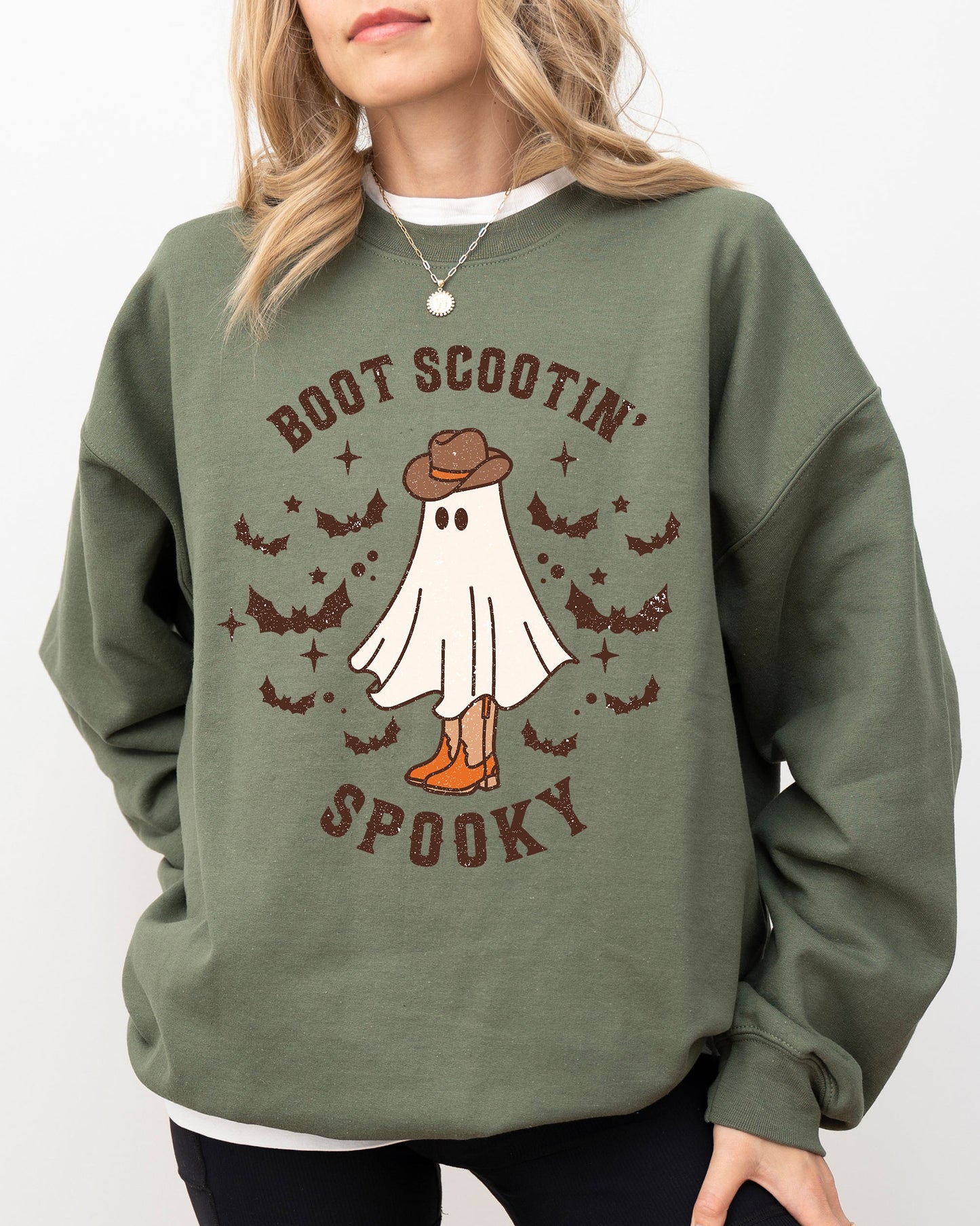 Boot Scootin' Spooky Halloween Costume Sweatshirt with Ghost Bat Skeleton Witch Graphics