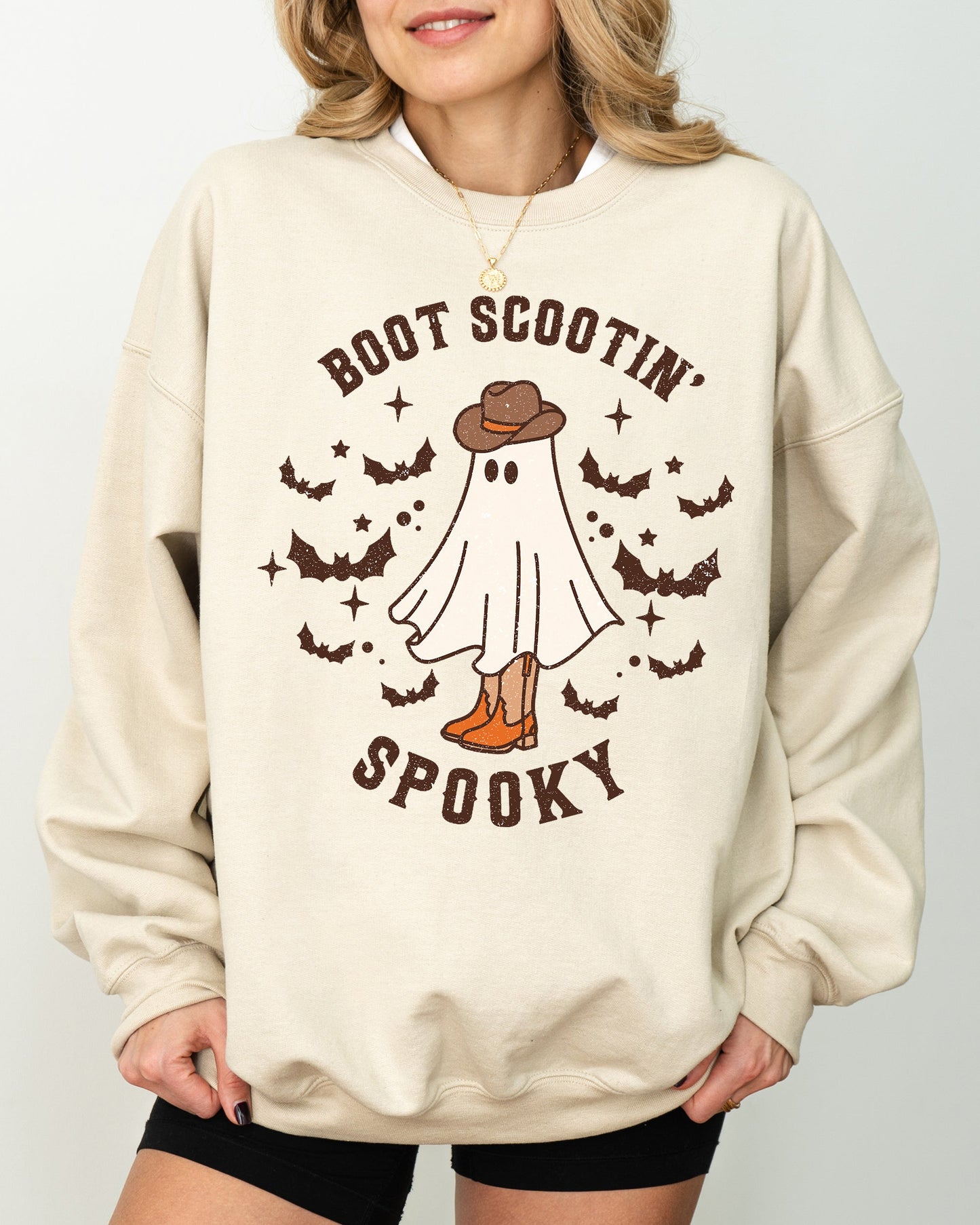 Boot Scootin' Spooky Halloween Costume Sweatshirt with Ghost Bat Skeleton Witch Graphics