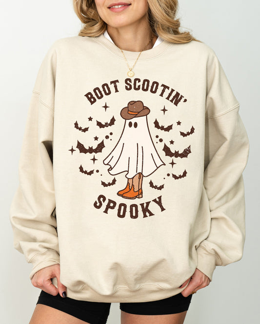 Boot Scootin' Spooky Halloween Costume Sweatshirt with Ghost Bat Skeleton Witch Graphics