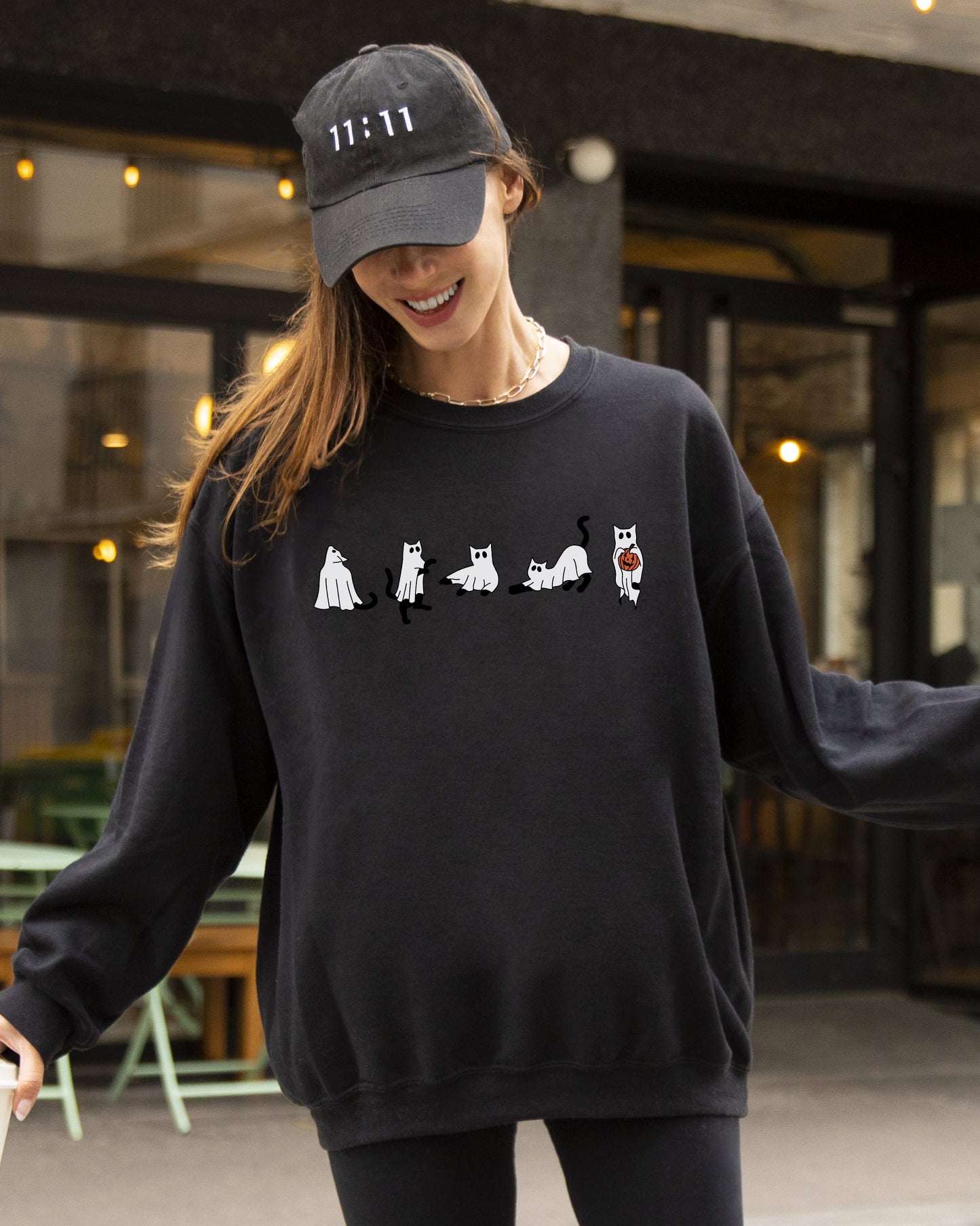 Cat Ghosts Skeleton Funny Witch Halloween Spooky Costume Sweatshirt