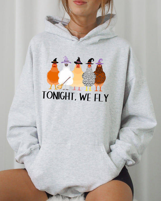 Tonight We Fly, Chickens, Skeleton, Funny, Witch, Aesthetic, Meme, Halloween, Spooky, Costume, Hoodie, Hooded Sweatshirt
