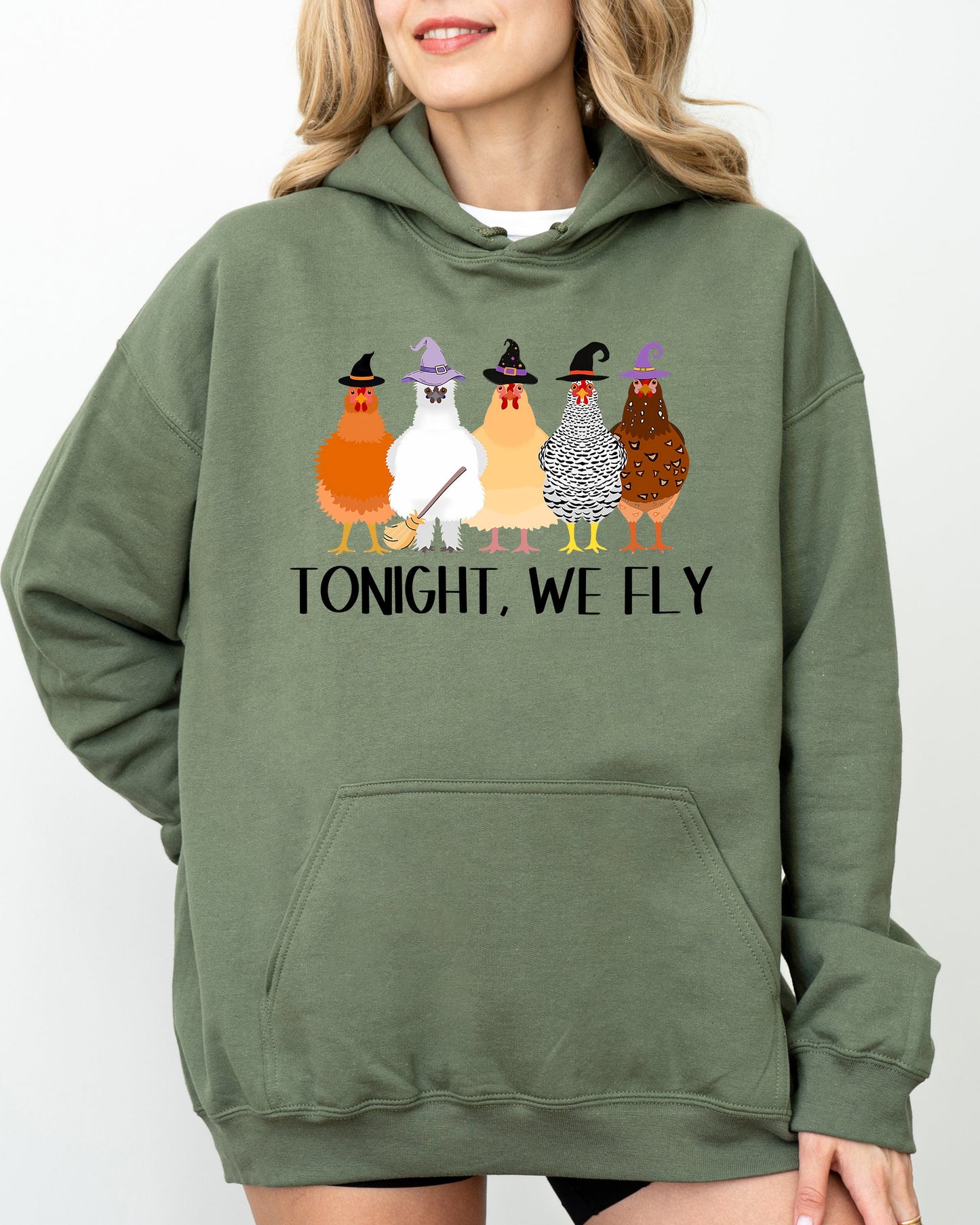 Tonight We Fly, Chickens, Skeleton, Funny, Witch, Aesthetic, Meme, Halloween, Spooky, Costume, Hoodie, Hooded Sweatshirt
