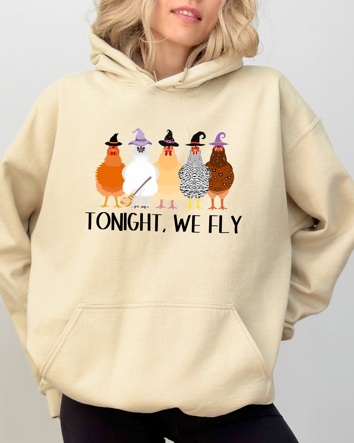 Tonight We Fly, Chickens, Skeleton, Funny, Witch, Aesthetic, Meme, Halloween, Spooky, Costume, Hoodie, Hooded Sweatshirt