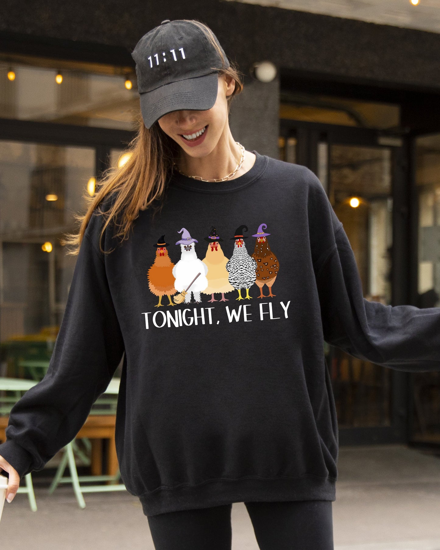 Tonight We Fly, Chickens, Skeleton, Funny, Witch, Aesthetic, Meme, Halloween, Spooky, Costume Sweatshirt