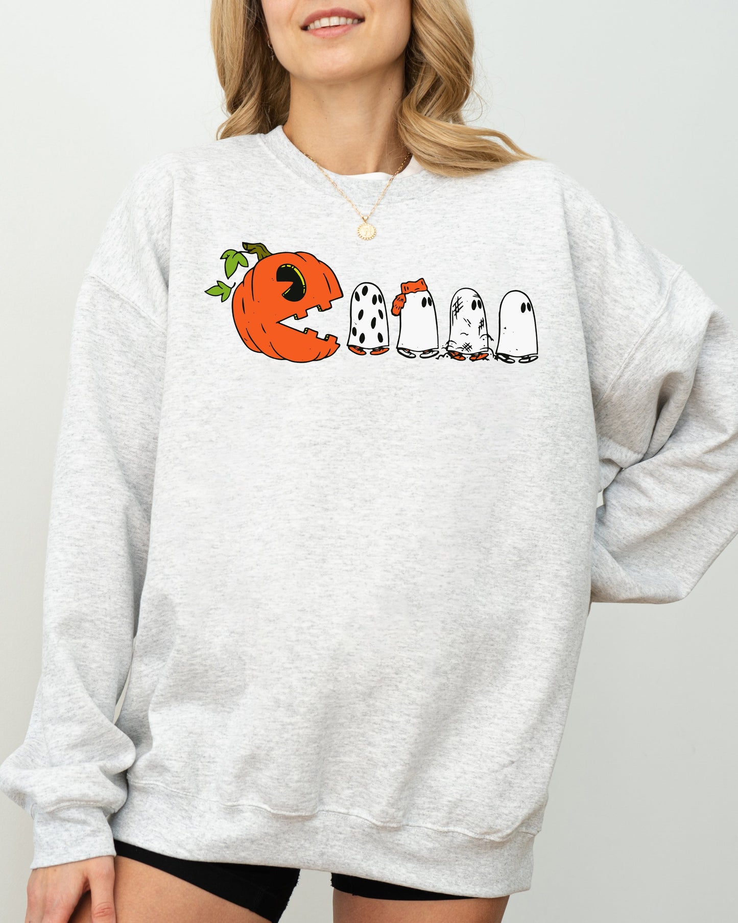 Pacman Pumpkin, Spooky, Skeleton, Funny, Witch, Aesthetic, Meme, Halloween, Costume Sweatshirt