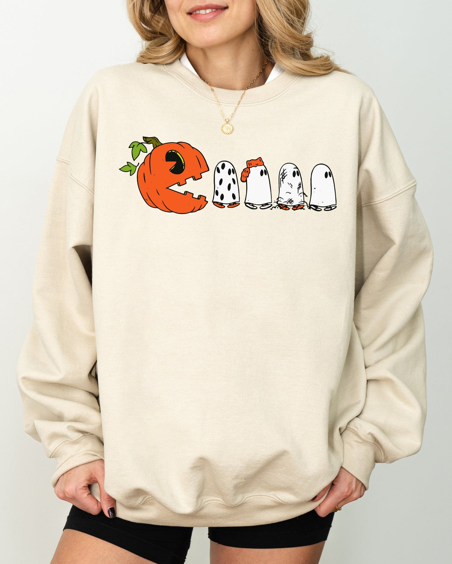 Pacman Pumpkin, Spooky, Skeleton, Funny, Witch, Aesthetic, Meme, Halloween, Costume Sweatshirt
