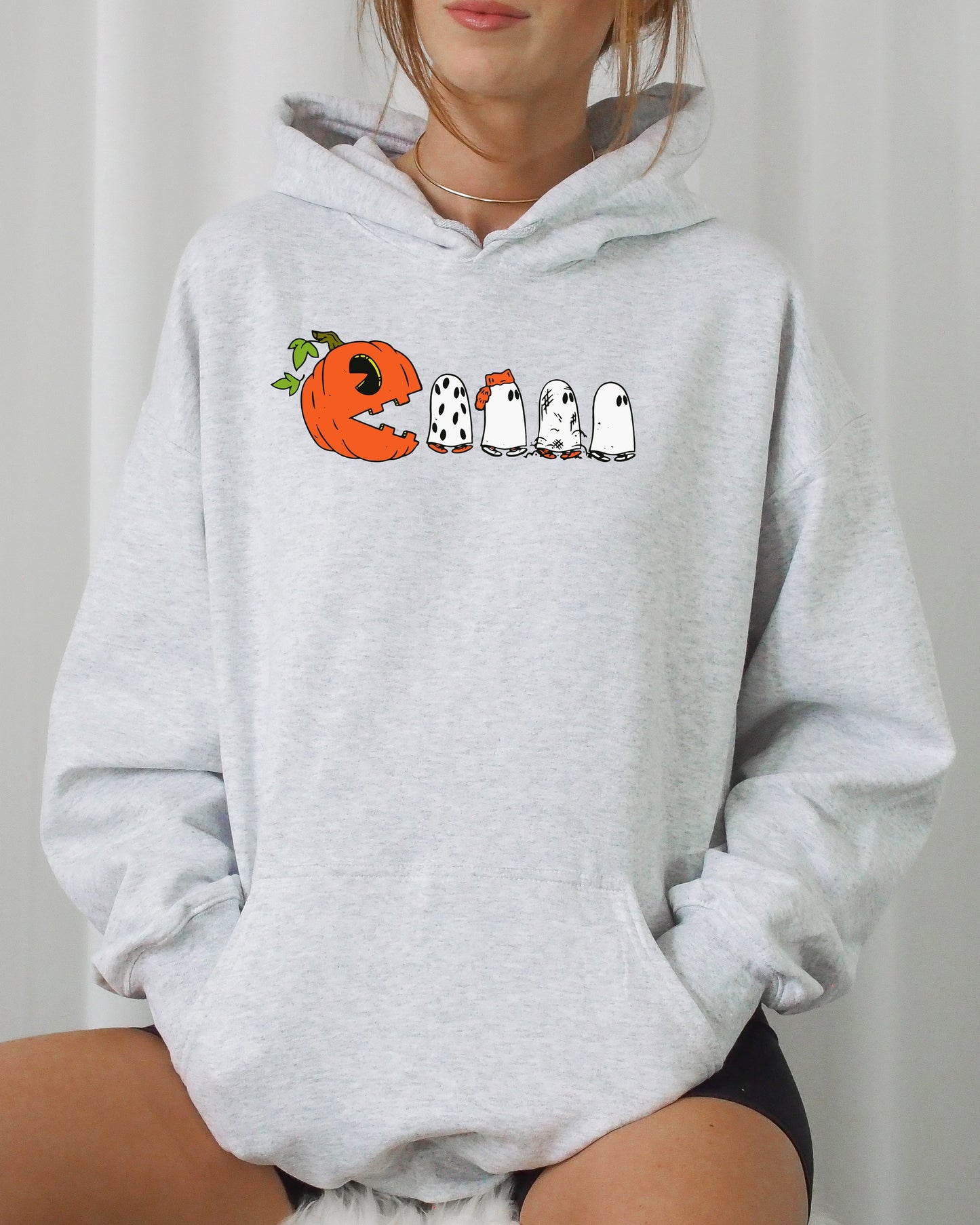 Pacman Pumpkin, Spooky, Skeleton, Funny, Witch, Aesthetic, Meme, Halloween, Costume, Hoodie, Hooded Sweatshirt