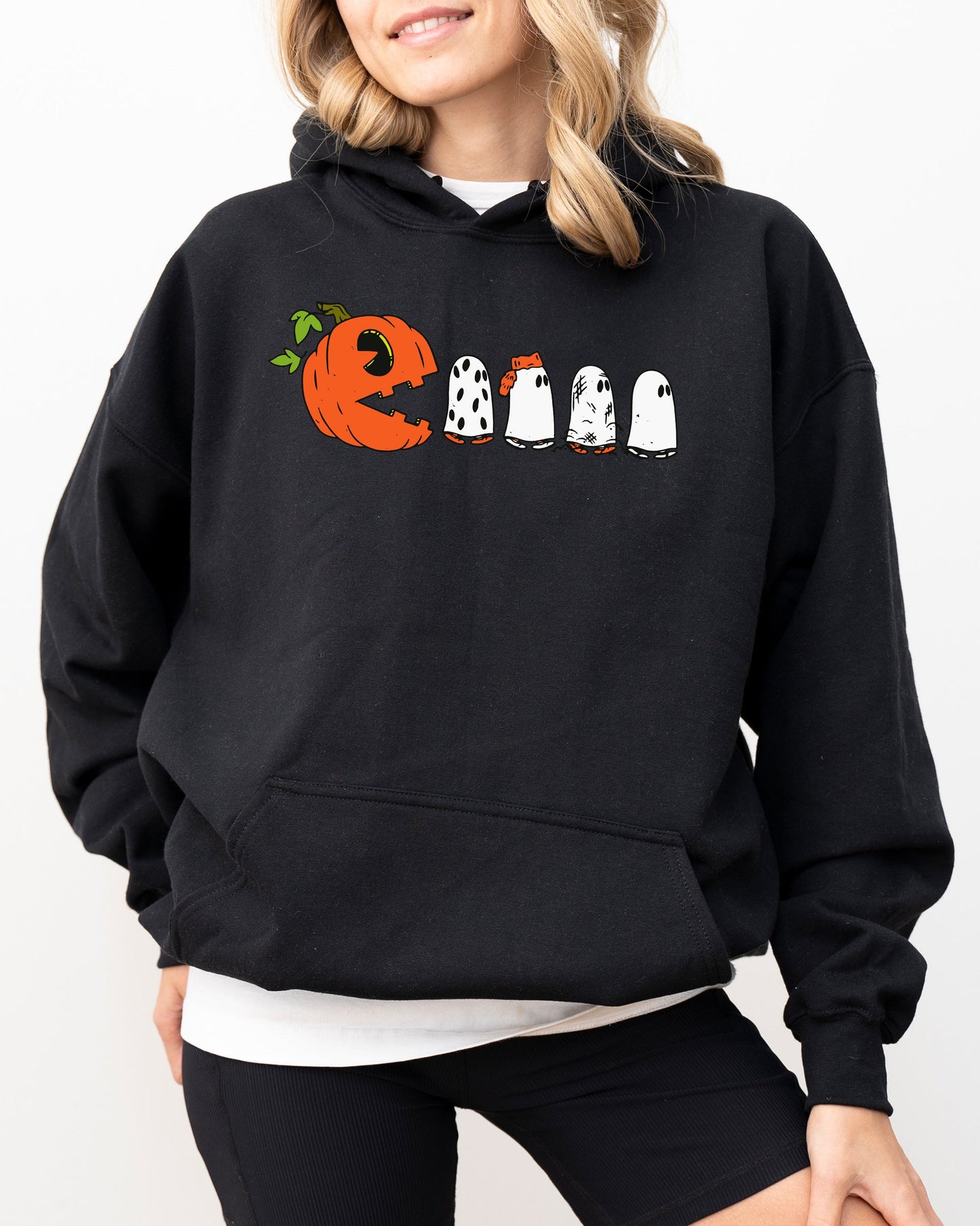 Pacman Pumpkin, Spooky, Skeleton, Funny, Witch, Aesthetic, Meme, Halloween, Costume, Hoodie, Hooded Sweatshirt