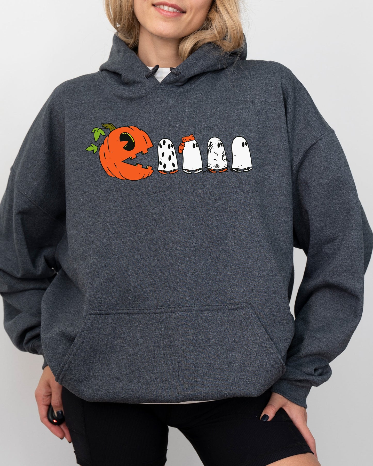 Pacman Pumpkin, Spooky, Skeleton, Funny, Witch, Aesthetic, Meme, Halloween, Costume, Hoodie, Hooded Sweatshirt