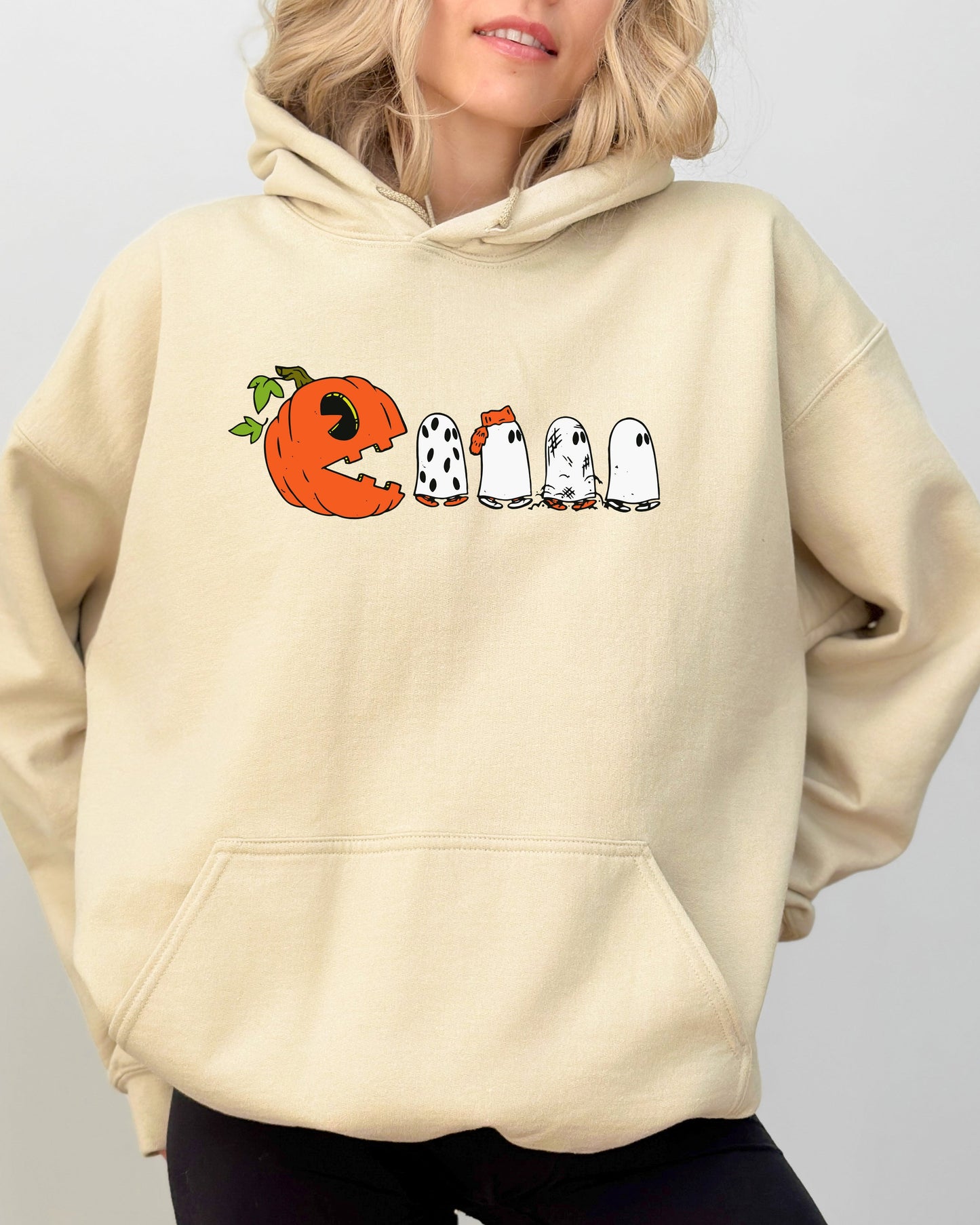 Pacman Pumpkin, Spooky, Skeleton, Funny, Witch, Aesthetic, Meme, Halloween, Costume, Hoodie, Hooded Sweatshirt