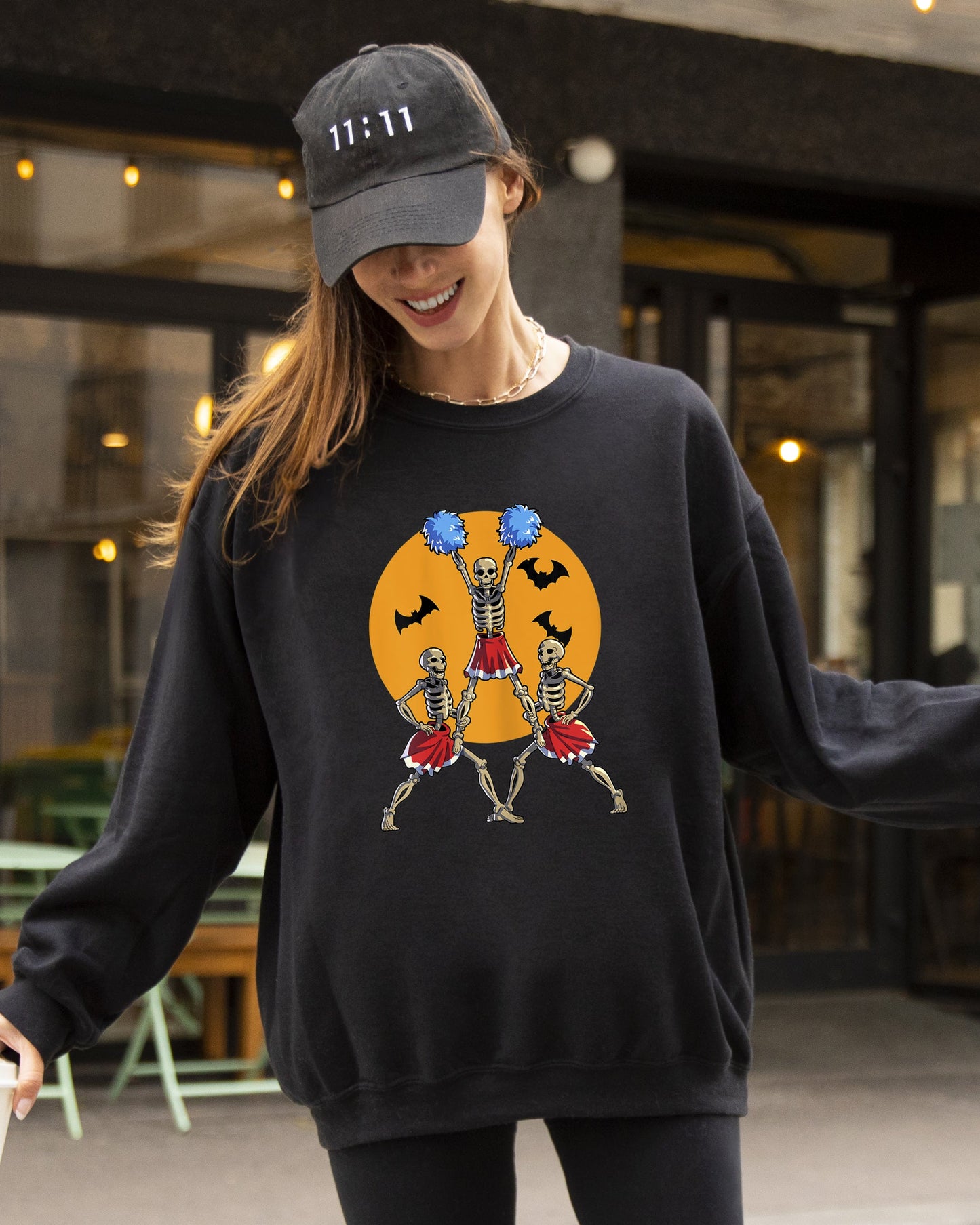 Cheerleader Skeleton Halloween Costume Sweatshirt Soft Fleece Blend