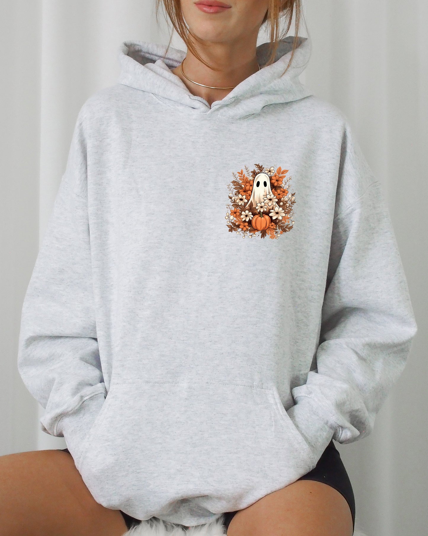 Floral Ghost Pocket Skeleton Spooky Halloween Costume Hoodie Hooded Sweatshirt