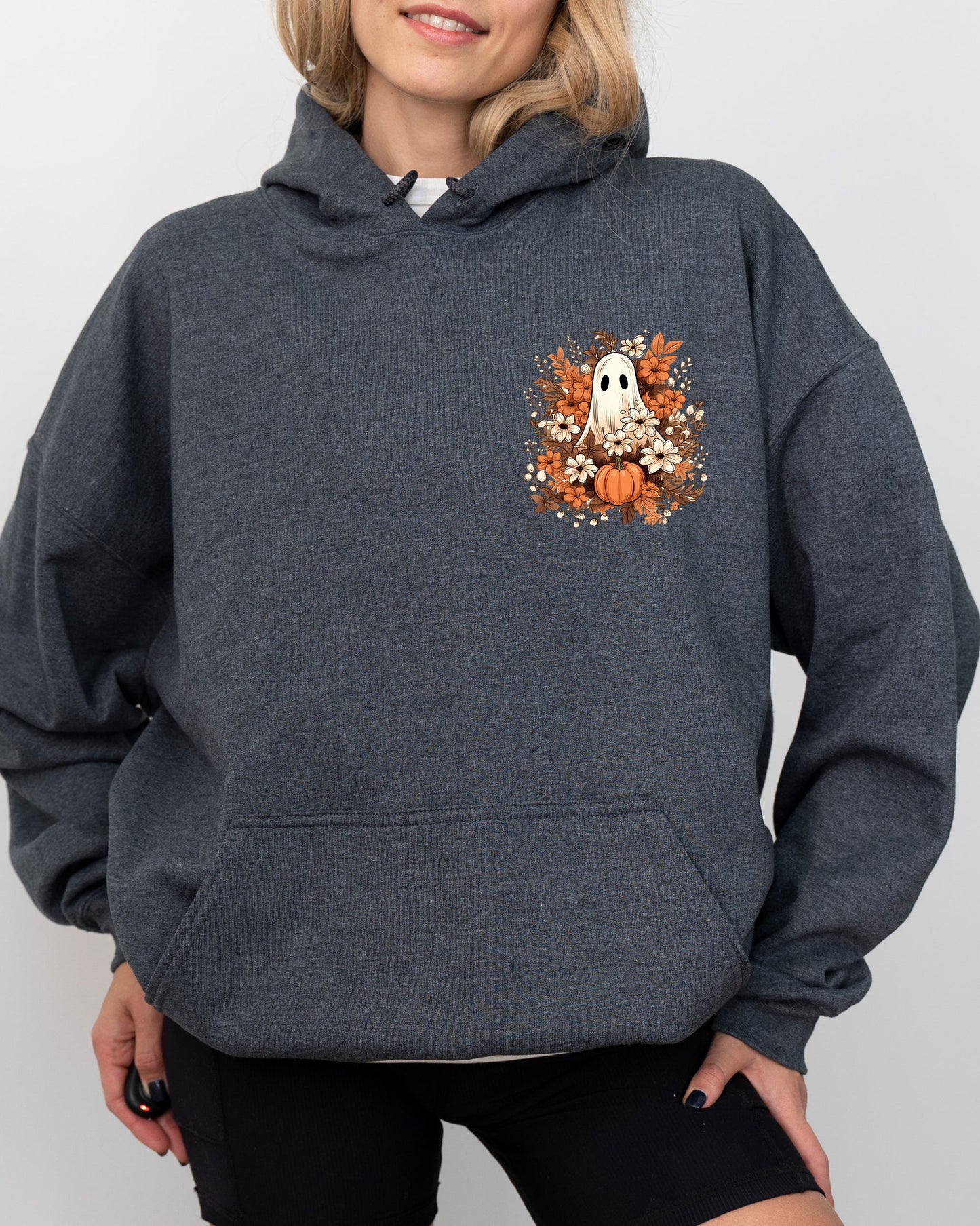 Floral Ghost Pocket Skeleton Spooky Halloween Costume Hoodie Hooded Sweatshirt