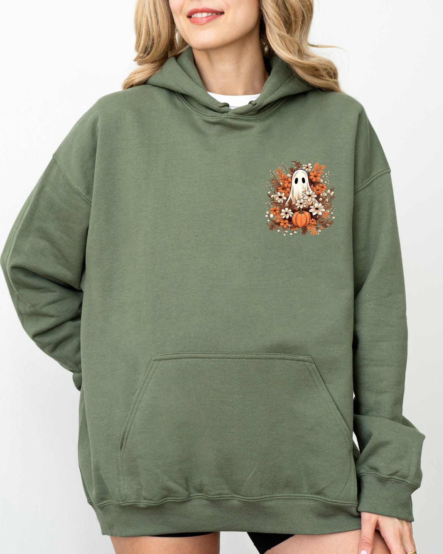 Floral Ghost Pocket Skeleton Spooky Halloween Costume Hoodie Hooded Sweatshirt