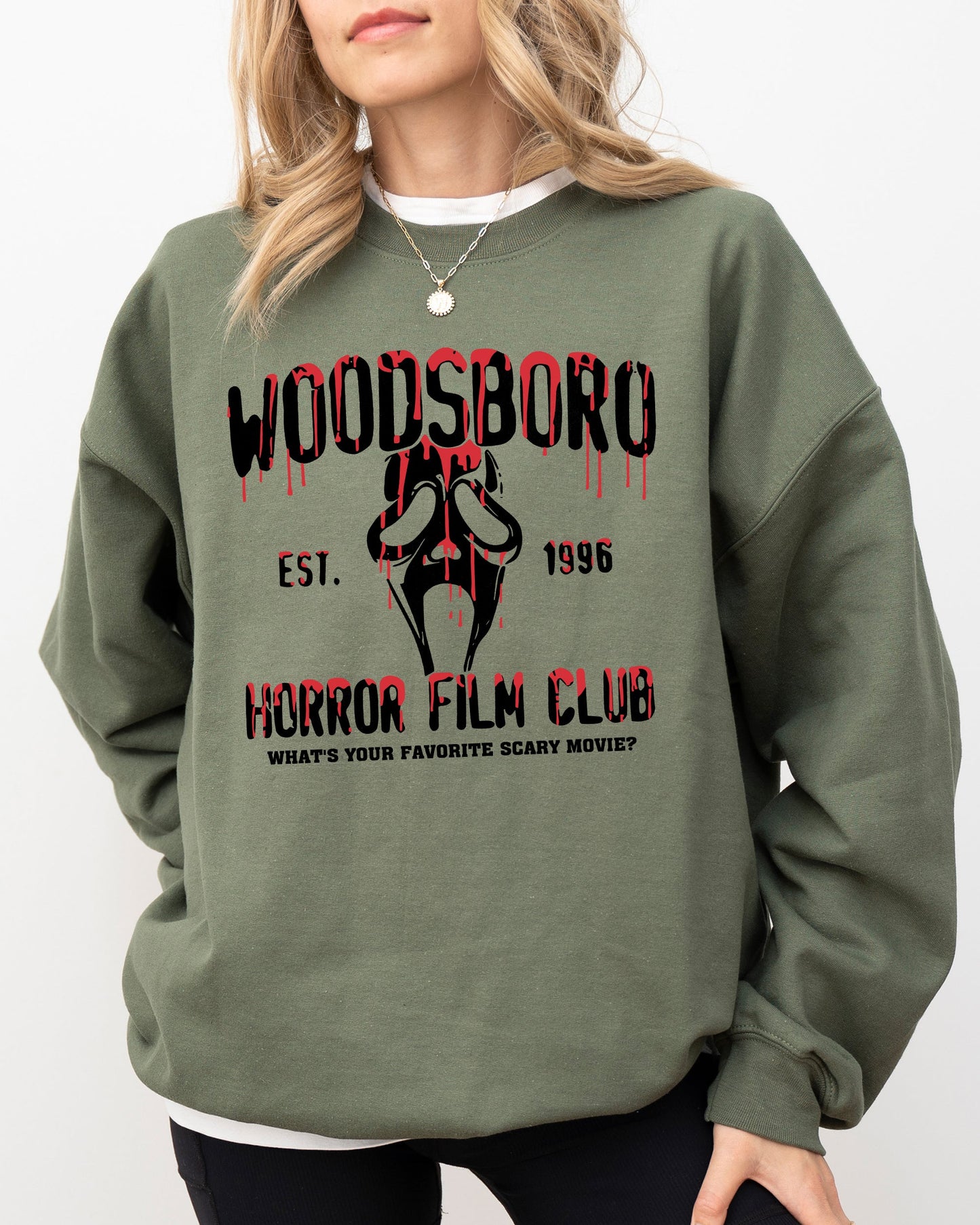 Woodsboro, Horror Film, Skeleton, Spooky, Ghost, Funny, Witch, Aesthetic, Meme, Halloween, Costume Sweatshirt