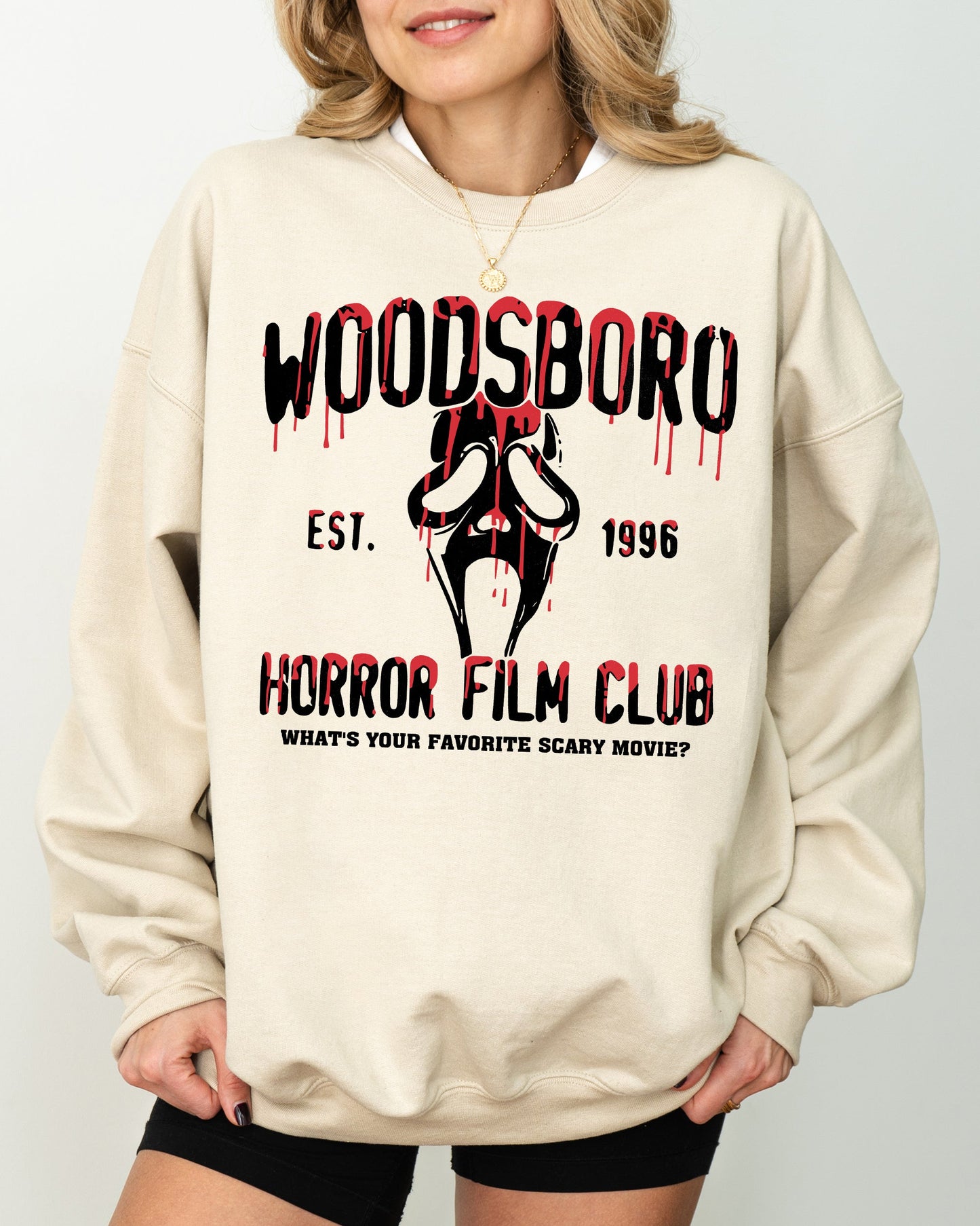Woodsboro, Horror Film, Skeleton, Spooky, Ghost, Funny, Witch, Aesthetic, Meme, Halloween, Costume Sweatshirt