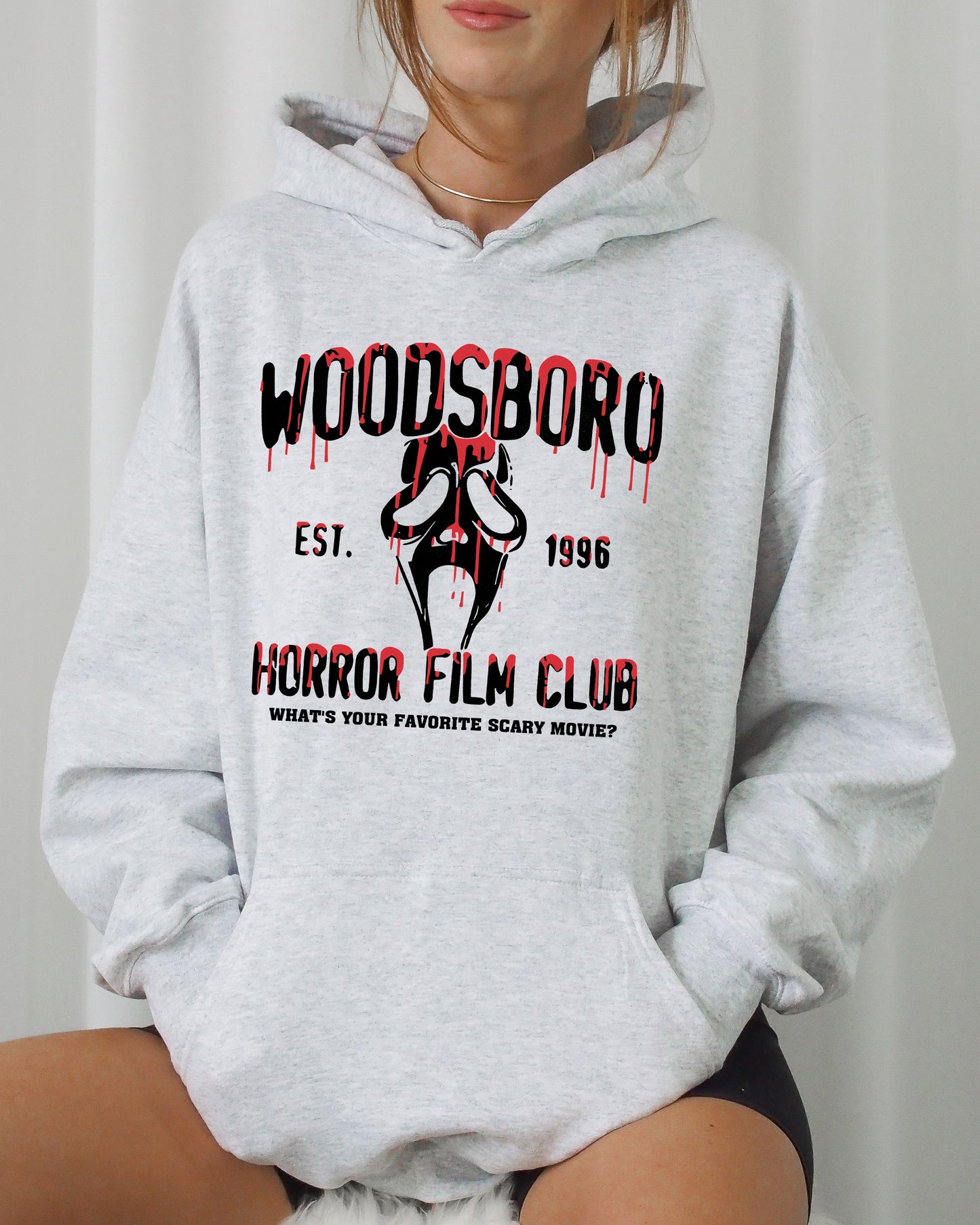 Woodsboro, Horror Film, Skeleton, Spooky, Ghost, Funny, Witch, Aesthetic, Meme, Halloween, Costume, Hoodie, Hooded Sweatshirt