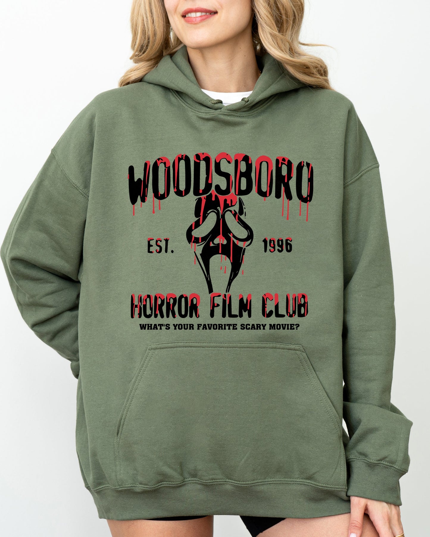 Woodsboro, Horror Film, Skeleton, Spooky, Ghost, Funny, Witch, Aesthetic, Meme, Halloween, Costume, Hoodie, Hooded Sweatshirt