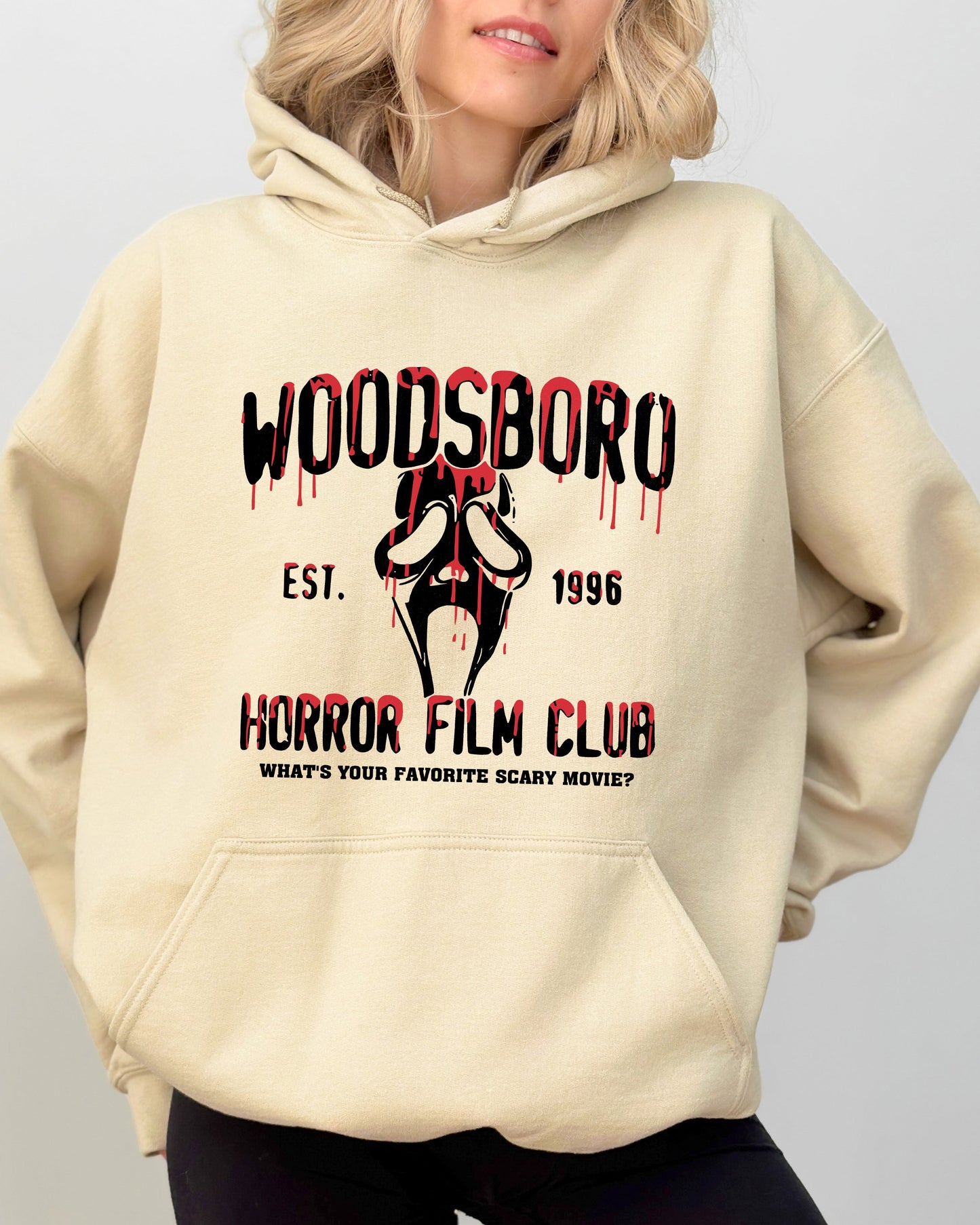 Woodsboro, Horror Film, Skeleton, Spooky, Ghost, Funny, Witch, Aesthetic, Meme, Halloween, Costume, Hoodie, Hooded Sweatshirt