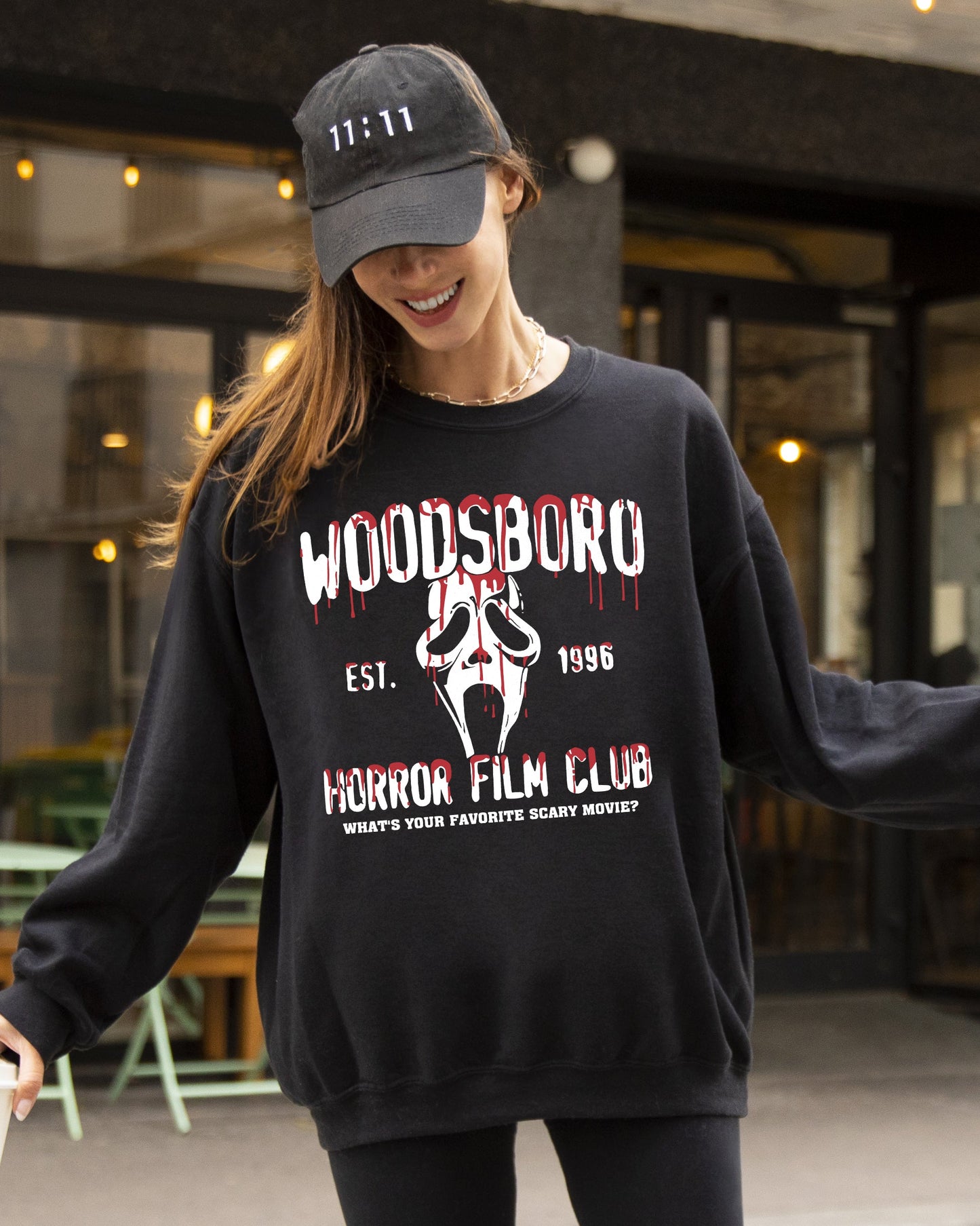 Woodsboro, Horror Film, Skeleton, Spooky, Ghost, Funny, Witch, Aesthetic, Meme, Halloween, Costume Sweatshirt