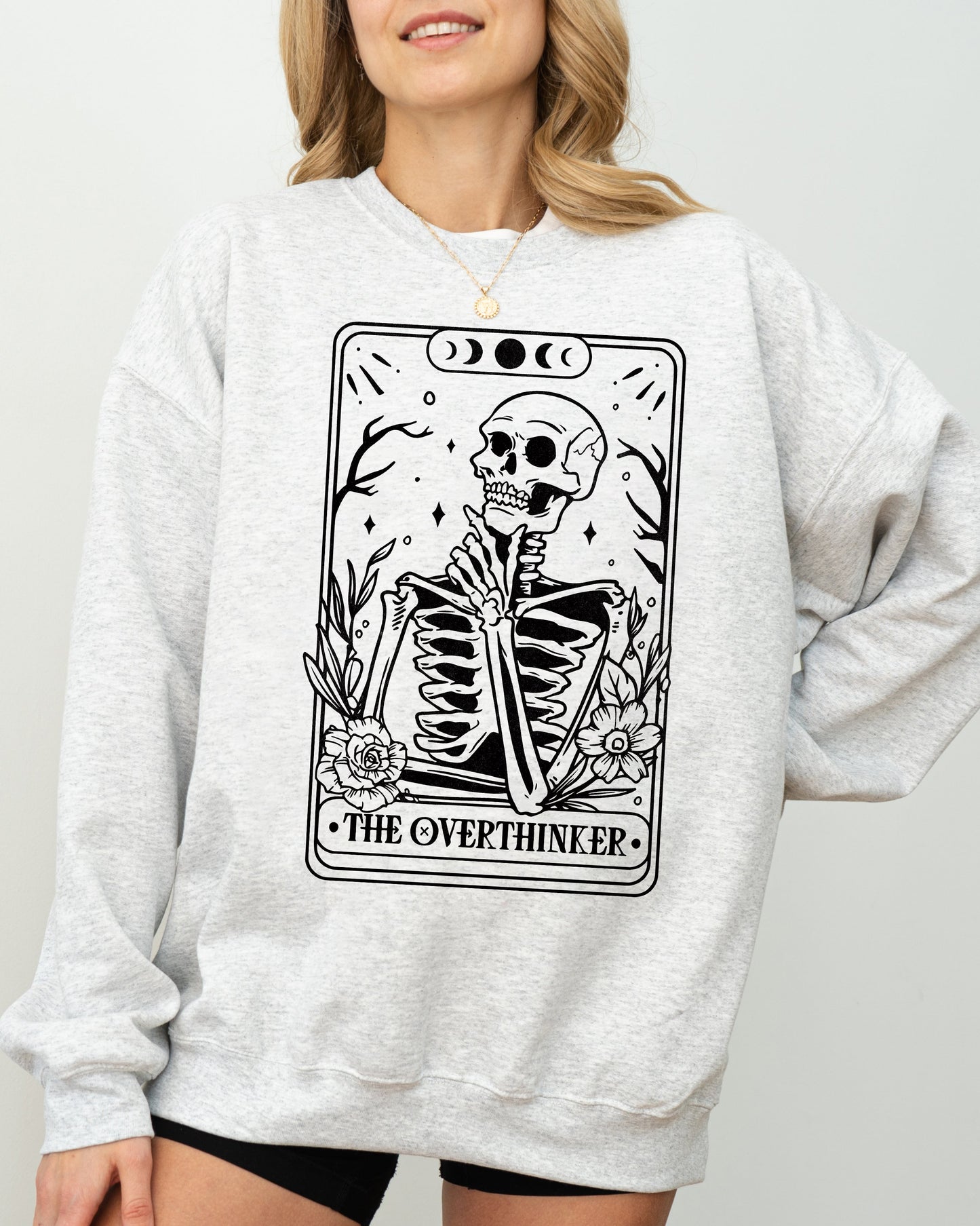 The Overthinker, Tarot, Skeleton, Funny, Pumpkin, Spooky, Witch, Aesthetic, Meme, Halloween, Costume Sweatshirt
