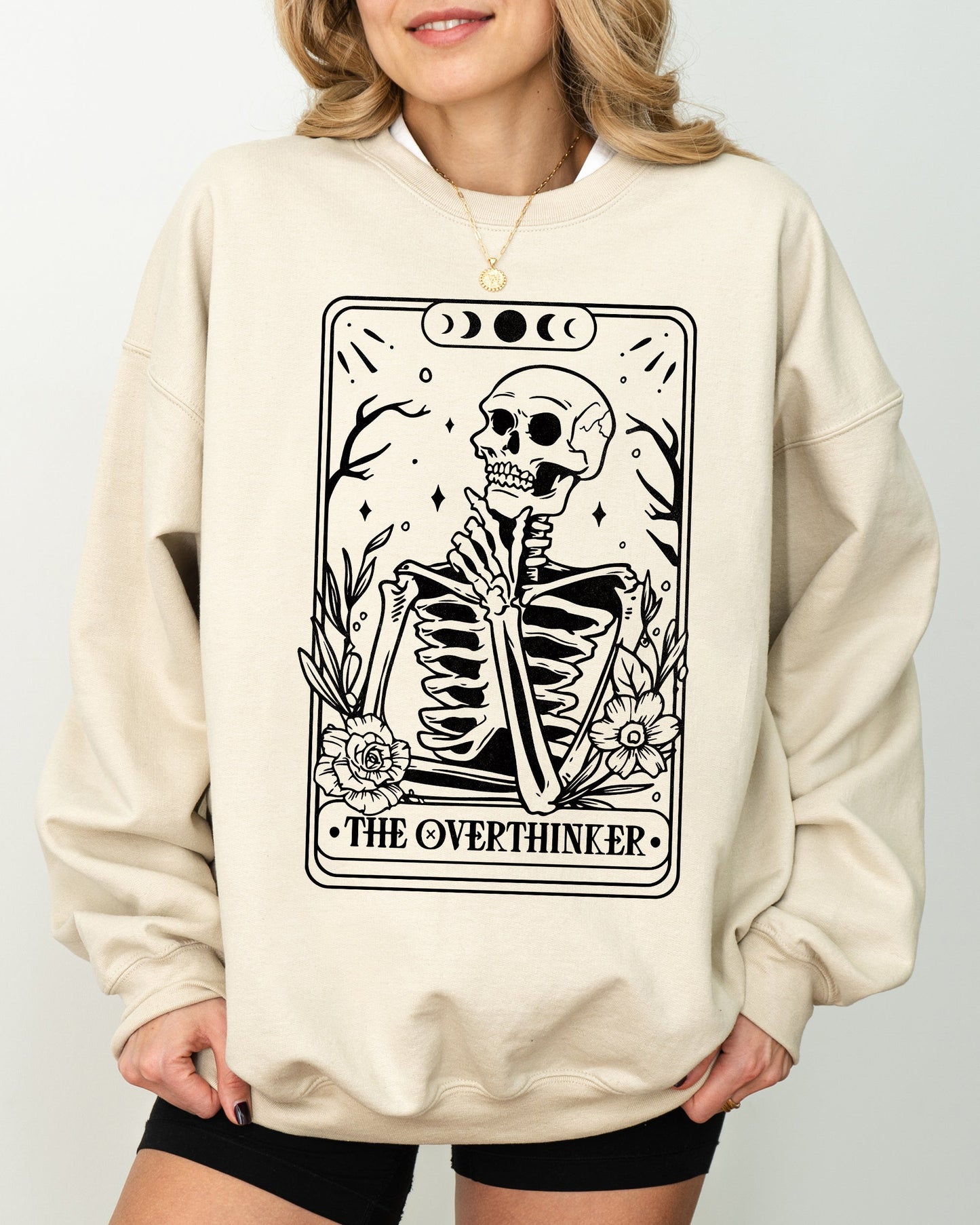 The Overthinker, Tarot, Skeleton, Funny, Pumpkin, Spooky, Witch, Aesthetic, Meme, Halloween, Costume Sweatshirt