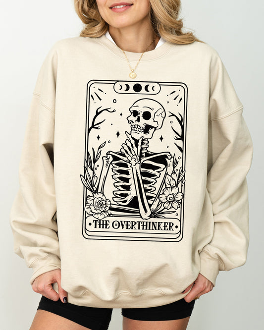 The Overthinker, Tarot, Skeleton, Funny, Pumpkin, Spooky, Witch, Aesthetic, Meme, Halloween, Costume Sweatshirt