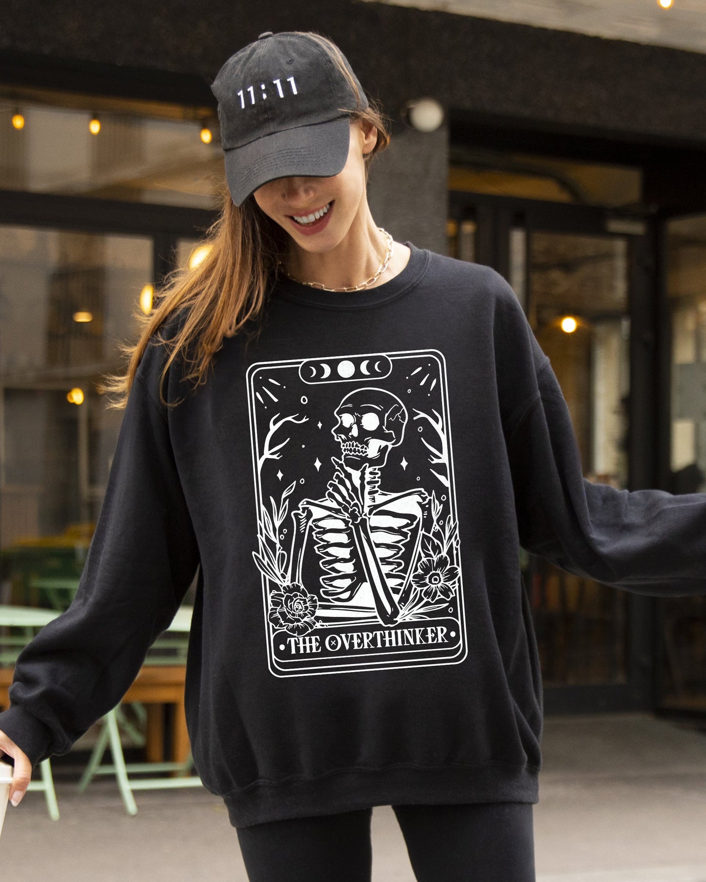 The Overthinker, Tarot, Skeleton, Funny, Pumpkin, Spooky, Witch, Aesthetic, Meme, Halloween, Costume Sweatshirt