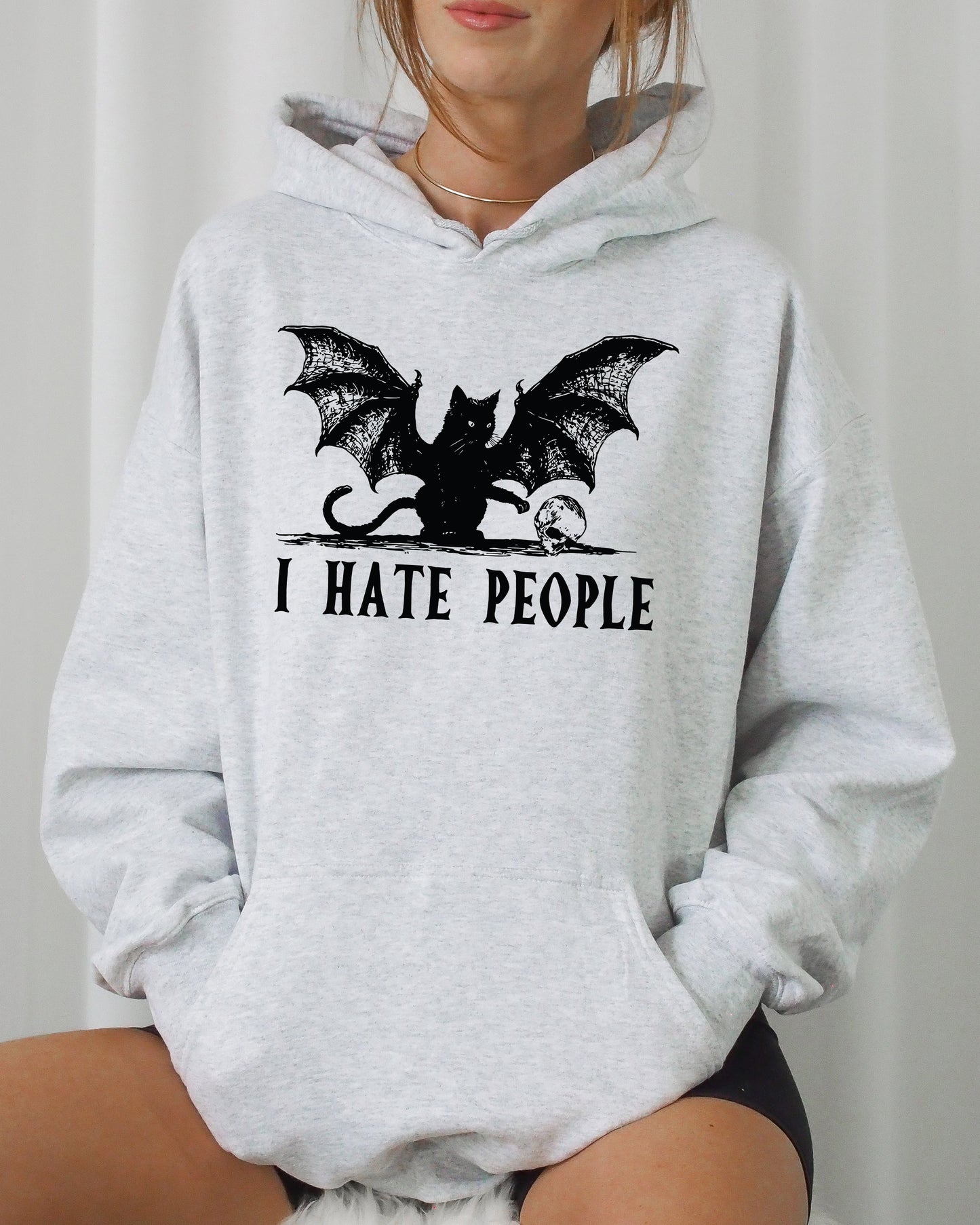 I Hate People Bat Skeleton Funny Ghost Spooky Witch Aesthetic Meme Halloween Costume Hoodie Hooded Sweatshirt