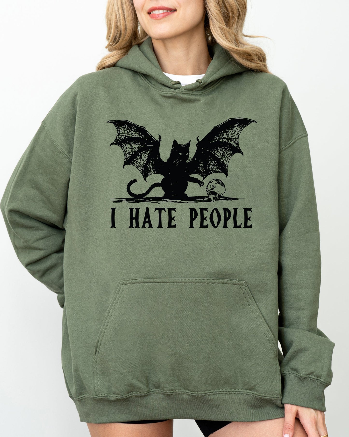 I Hate People Bat Skeleton Funny Ghost Spooky Witch Aesthetic Meme Halloween Costume Hoodie Hooded Sweatshirt